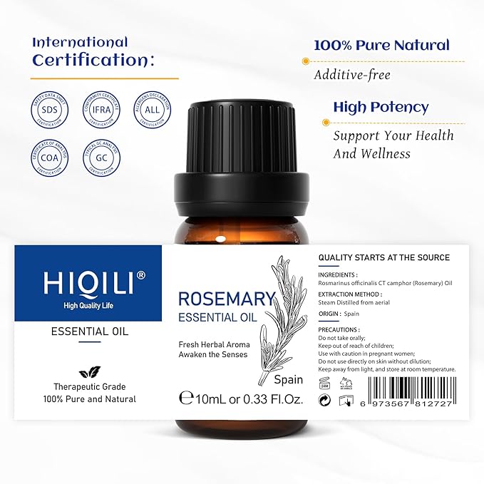 HIQILI Rosemary Oil for Hair Growth, Skin, Scalp, 100% Pure Natural, Add to Shampoo & Conditioner - 0.33 Fl Oz/10 ML