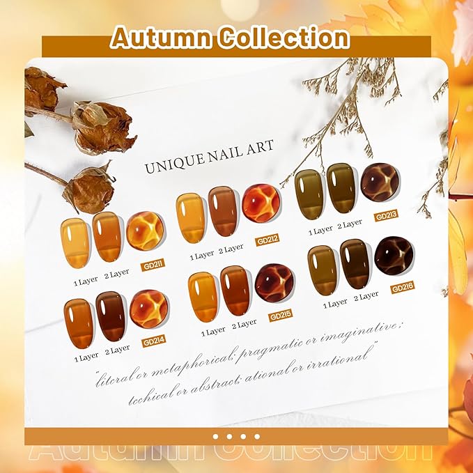 JODSONE 6 Colors Gel Nail Polish Set Fall Collection Jelly Effect Soak Off Need U V LED Gel Polish Set Autumn Mauve Brown RedSalon-Quality DlY Home Manicure