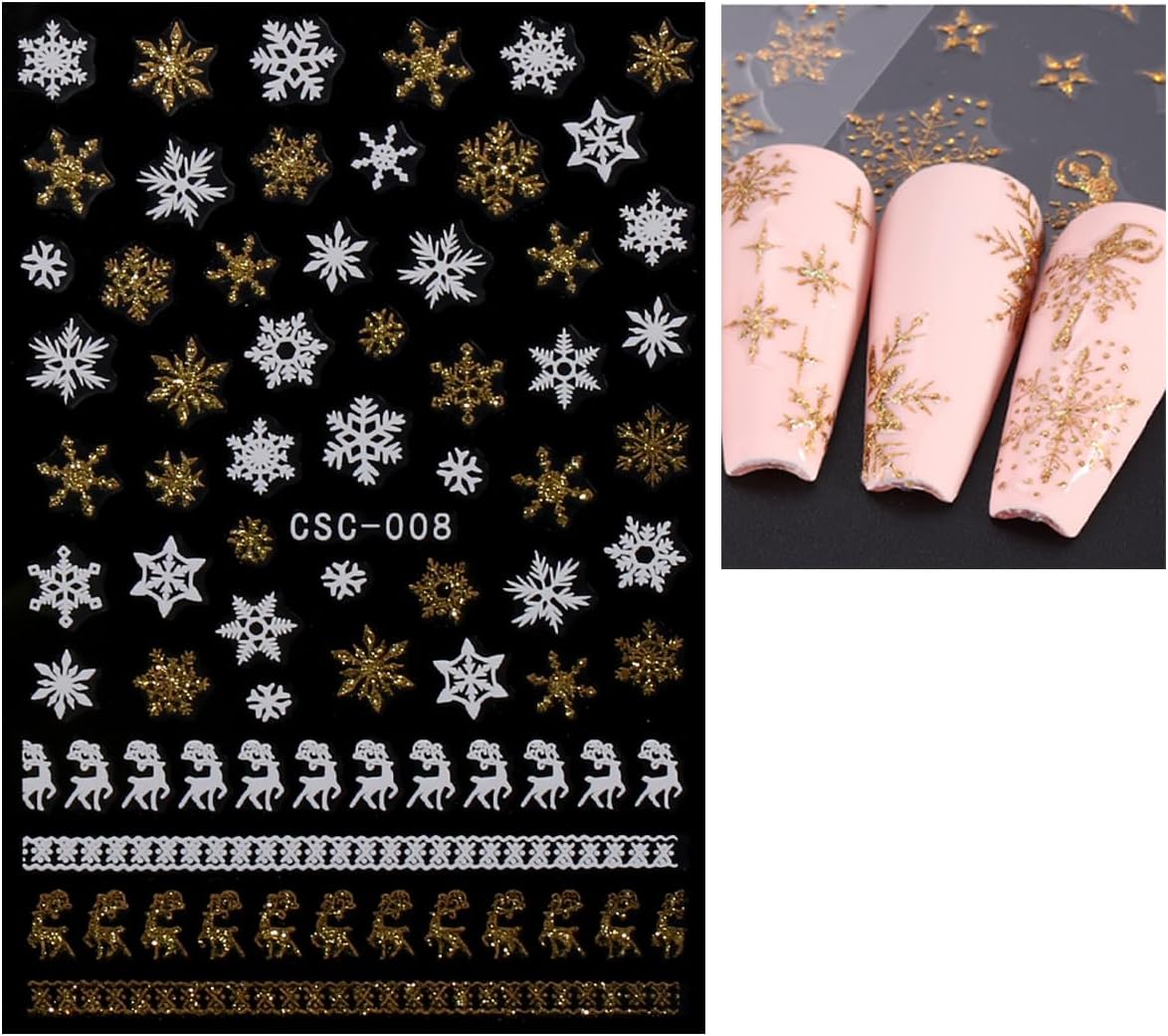 JMEOWIO 8 Sheets Christmas Glitter Nail Art Stickers Decals Self-Adhesive Snowflake Winter Holiday Cute Nail Supplies Nail Art Design Decoration Accessories