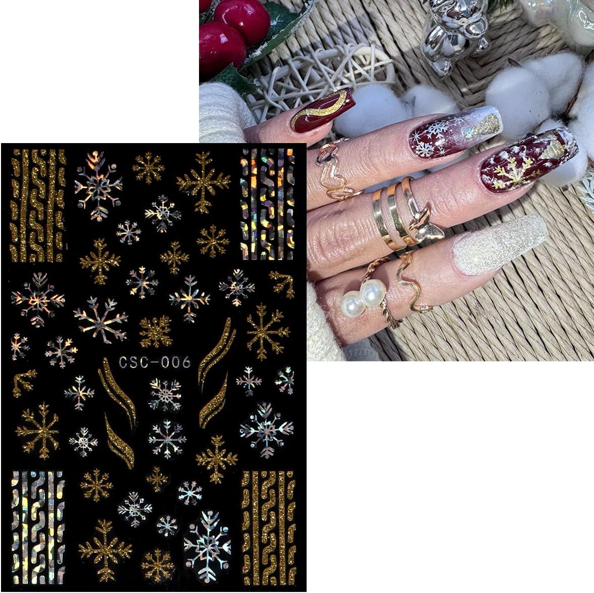 JMEOWIO 8 Sheets Christmas Gold Glitter Silver Nail Art Stickers Decals Self-Adhesive Snowflake Winter Holiday Nail Supplies Nail Art Design Decoration Accessories