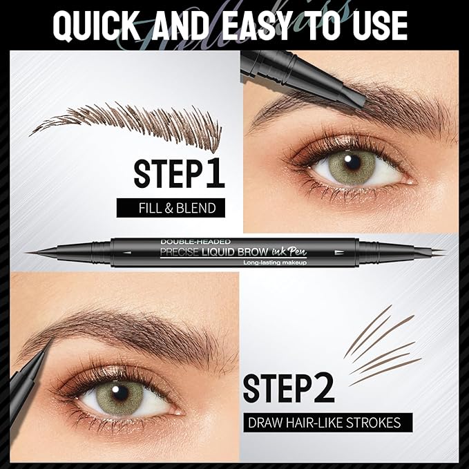 Microblading Eyebrow Pen, Curved Eyebrow Pencil 2-in-1 Dual-Ended Eyebrow Pencil 2-Fork-Tip and Single Tip Creates Natural Eyebrows Waterproof Long-lasting(Black)