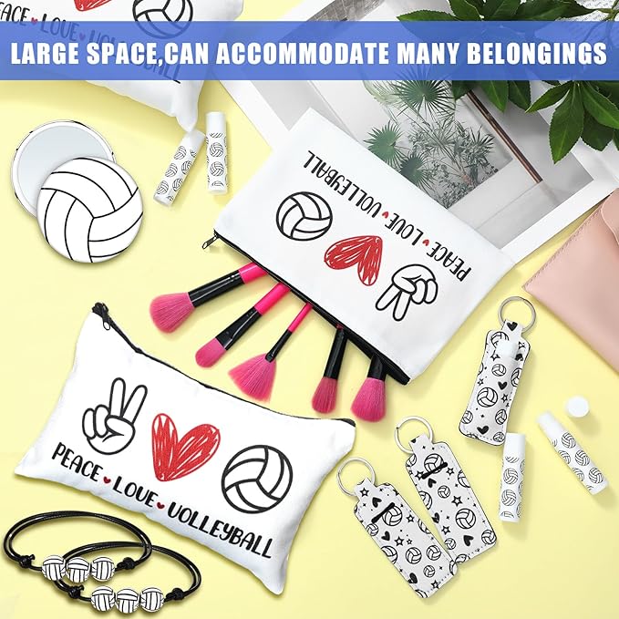 72 Pcs Sports Team Gifts Include 12 Makeup Bags 12 Lip Balm 12 Lip Balm Holder 12 Necklace 12 Adjustable Bracelet 12 Mirrors for Sports Lovers Players Party Favors (White, Volleyball)