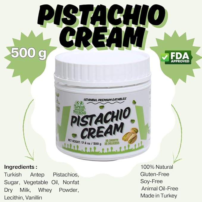 Istanbul Premium Pistachio Cream, Pistachios for Dubai Chocolate Bar, Cream for Dessert, Kataifi & Knafeh, Crema de Pistacho, Non-GMO,1.1 LB (500gr)