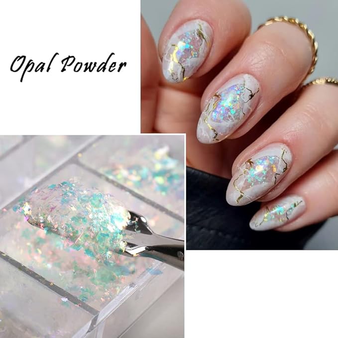 Holographic Iridescent Nail Art Nail Glitter KALEFUL Powder Aurora Foil Sequins Flakes Paillettes Designs Manicure Nail Decorations - 12 Grids