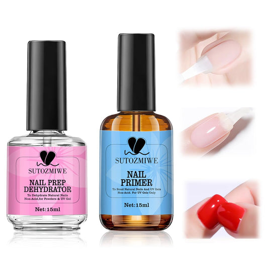 15 ml Nail Dehydrator and Primer Set, Acid Free Natural Prep Dehydrate & Bond Primer, Professional Nail Prep Kit for Acrylic Nails Gel Polish Manicure Nails Supplies Fast Dry