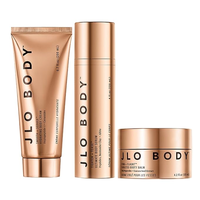 JLO BEAUTY The Ultimate Body Trio | Includes 4.2 fl oz Booty Balm, 4 fl oz Body Serum & 6.7 fl oz Body Cream | Brightens, & Firms for Smooth Skin
