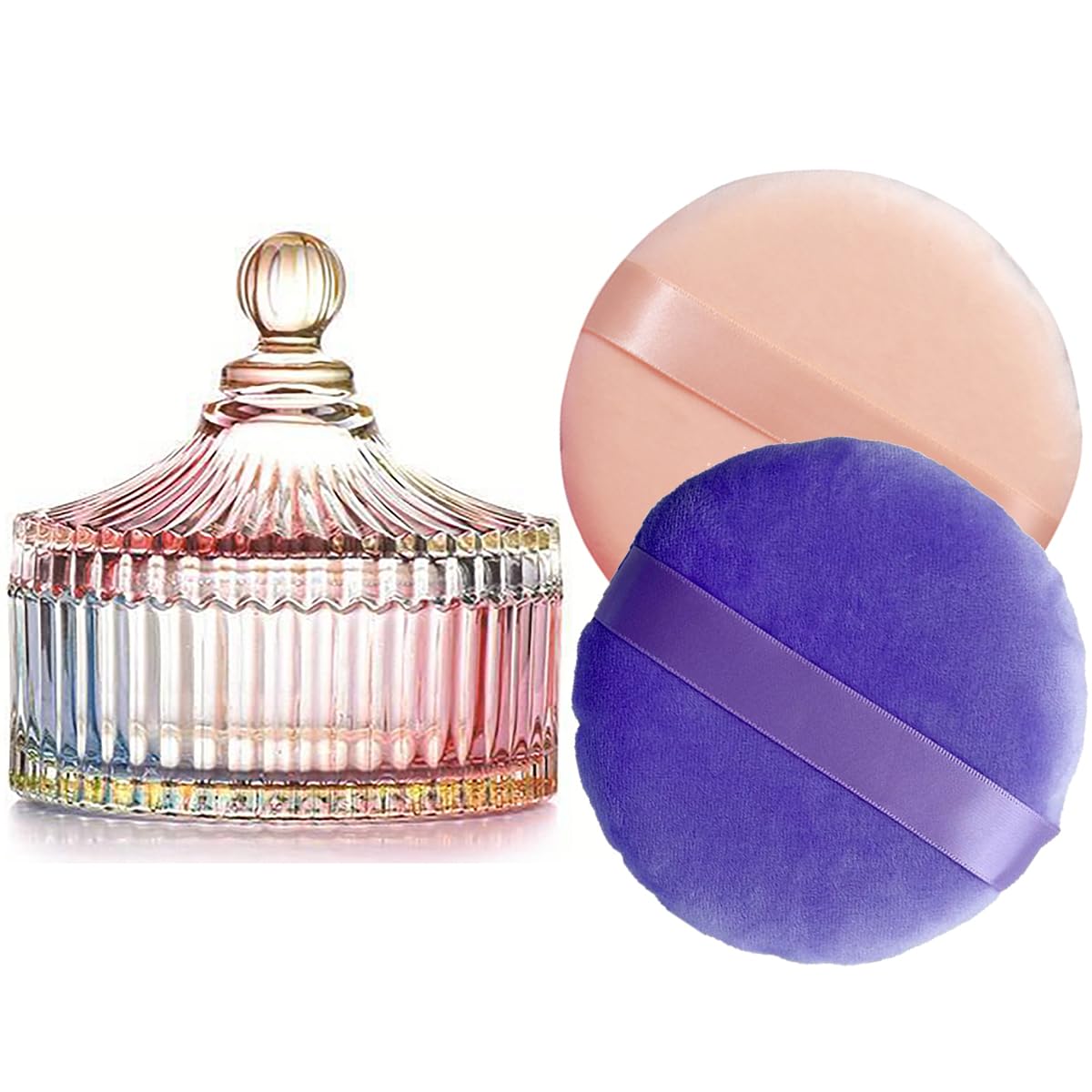2 Pack Extra Large 5.2" Beige & Purple Powder Puffs and 5.3" Glass Container – Oversized Soft Body & Face Large Powder Puff Dusting Powder Jar Holder Case(Multi-Color Glass)