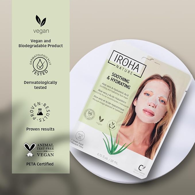 IROHA NATURE Comforting & Hydrating Tissue Face Mask with Aloe Vera | 15 Pieces | Aftersun Effect | 96% Natural Ingredients