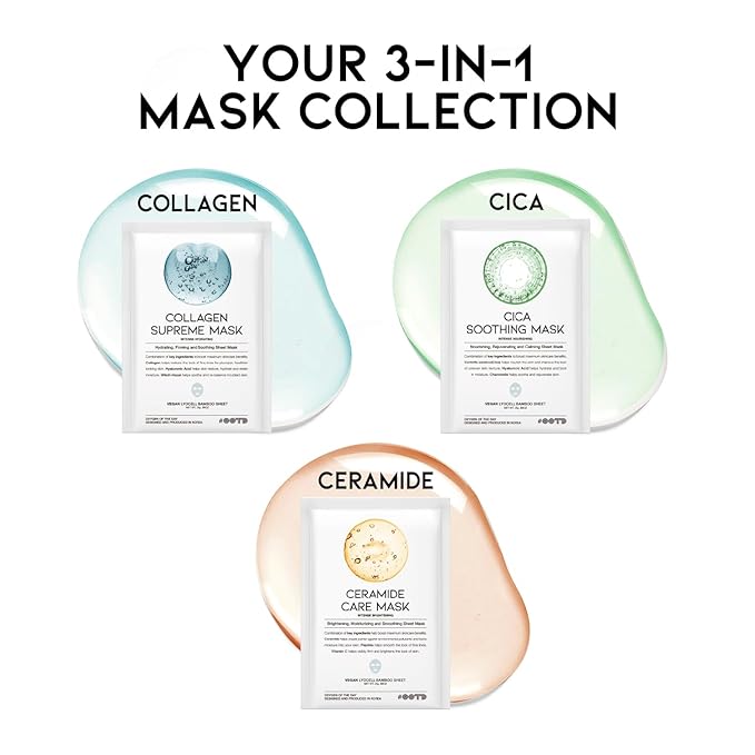 Hydrating Soothing Sheet Masks Gift Set for Skincare, Korean Vegan Sheet Mask for Dry, Sensitive Skin, Calming, Smoothing, Brightening, Collagen, Ceramide, Cica, Hyaluronic Acid 30EA