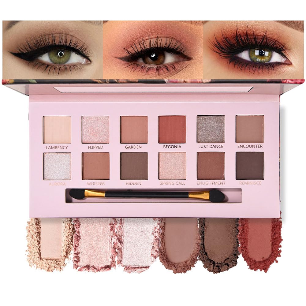 12Colors Eye Shadow Palette With Mirror and Brush,Nude Pink Brown Neutral Natural Eyeshadow Palette,Long Lasting Waterproof Travel Size Makeup Pallete