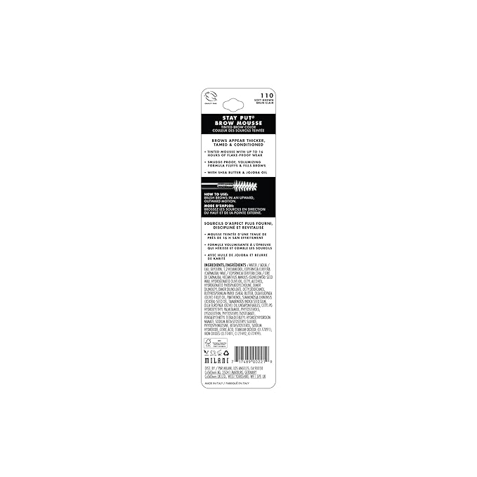Milani Brow Tint- Stay Put Tinted Brow Mousse, Nourishing, High-Pigment infused with Shea Butter, Jojoba Seed Oil & Panthenol Vitamin B5 - Soft Brown