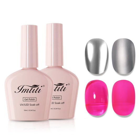 Imtiti Metallic Gel Nail Polish Set, 2 Pcs 10ml Chrome Mirror Shine gel polish & Hot Pink Jelly GEl POlish Soak Off UV LED Spring Summer Nail Art Manicure Salon DIY Design Kit