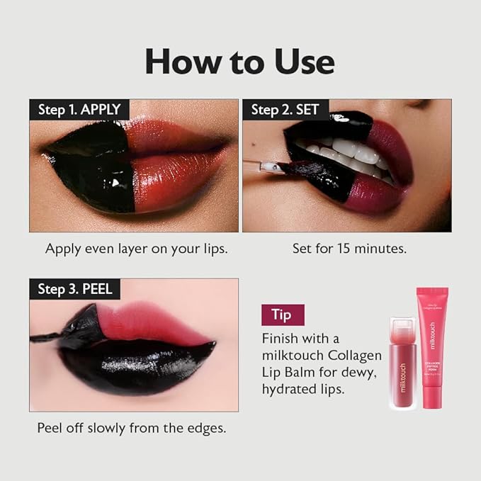 MILKTOUCH [Summer-proof Lip Combo] Black Peel Off Lip Tattoo #03 Black Apple + Collagen Lip Balm #VanillaCake