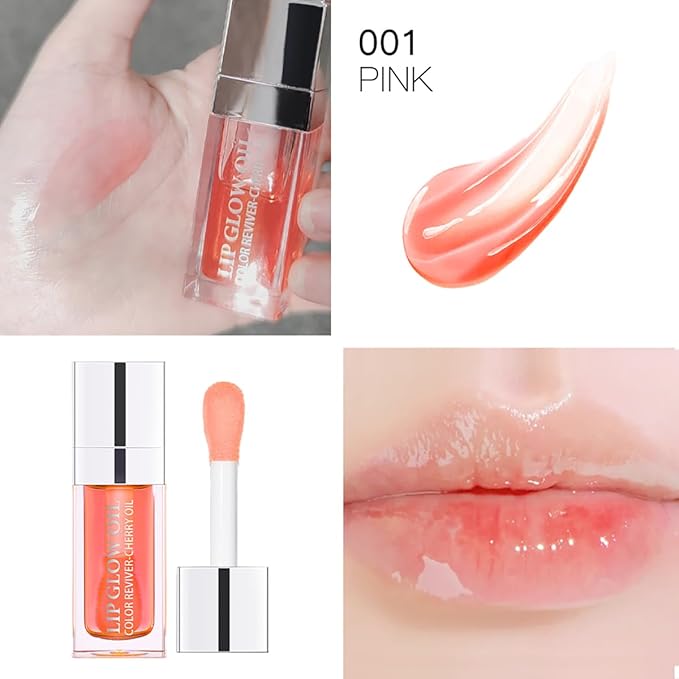 Hydrating Lip Glow Oil Moisturizing Plumping Lip Tint Lip Gloss Transparent Lip Balm Long Lasting Nourishing Repairing Lightening Lip Lines (001# PINK)