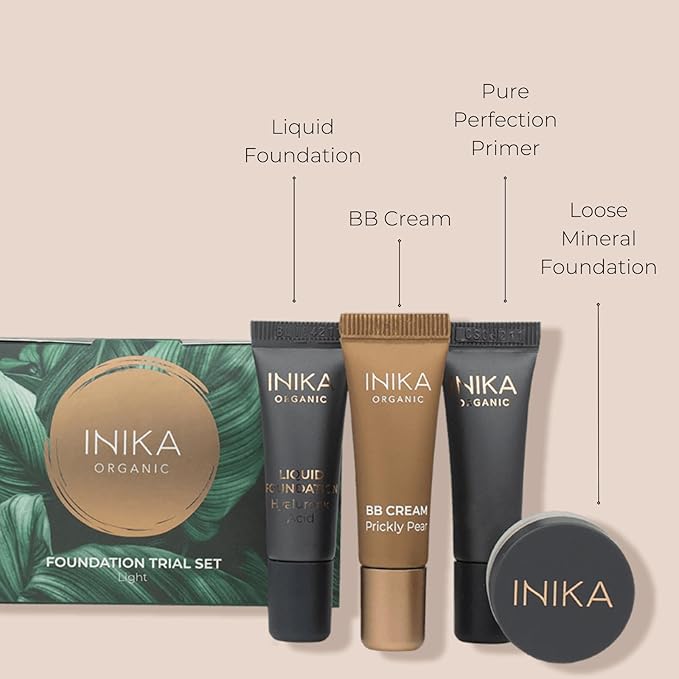 INIKA Organic Foundation Trial Set, Natural Mineral essentials kit, Vegan, Cruelty-Free, Paraben-Free, Rich in Antioxidants and Essential Fatty Acids, Comes in Sustainable Packaging - Tan