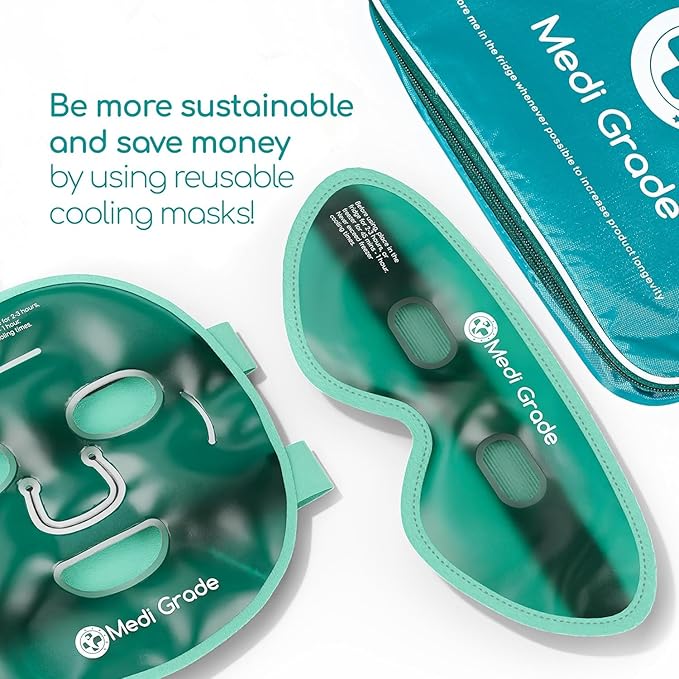 Medi Grade Cooling Ice Face Mask and Cooling Eye Mask for Puffy Eyes & Migraine Relief - Self Care Face Ice Pack with ChillGel Face Ice Mask Technology - Cooling Face Mask, Eye Pads and Bag
