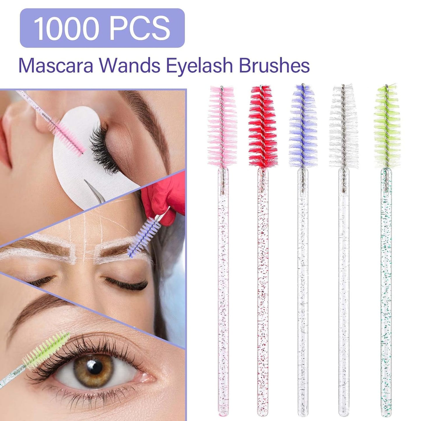 1000 Disposable Mascara Wands Eyelash Brushes Spoolies for Eyebrow Eye Lash Extension Crystal Multicolor