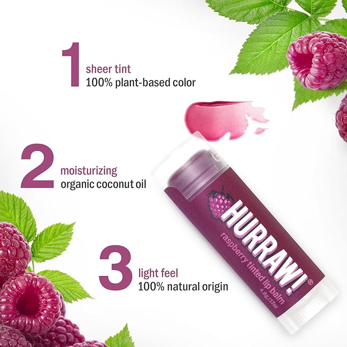 Hurraw! Raspberry Tinted Lip Balm: (Sheer Berry Tint) Organic, Certified Vegan, Cruelty and Gluten Free. Non-GMO, 100% Natural Ingredients. Bee, Shea, Soy and Palm Free. Made in USA