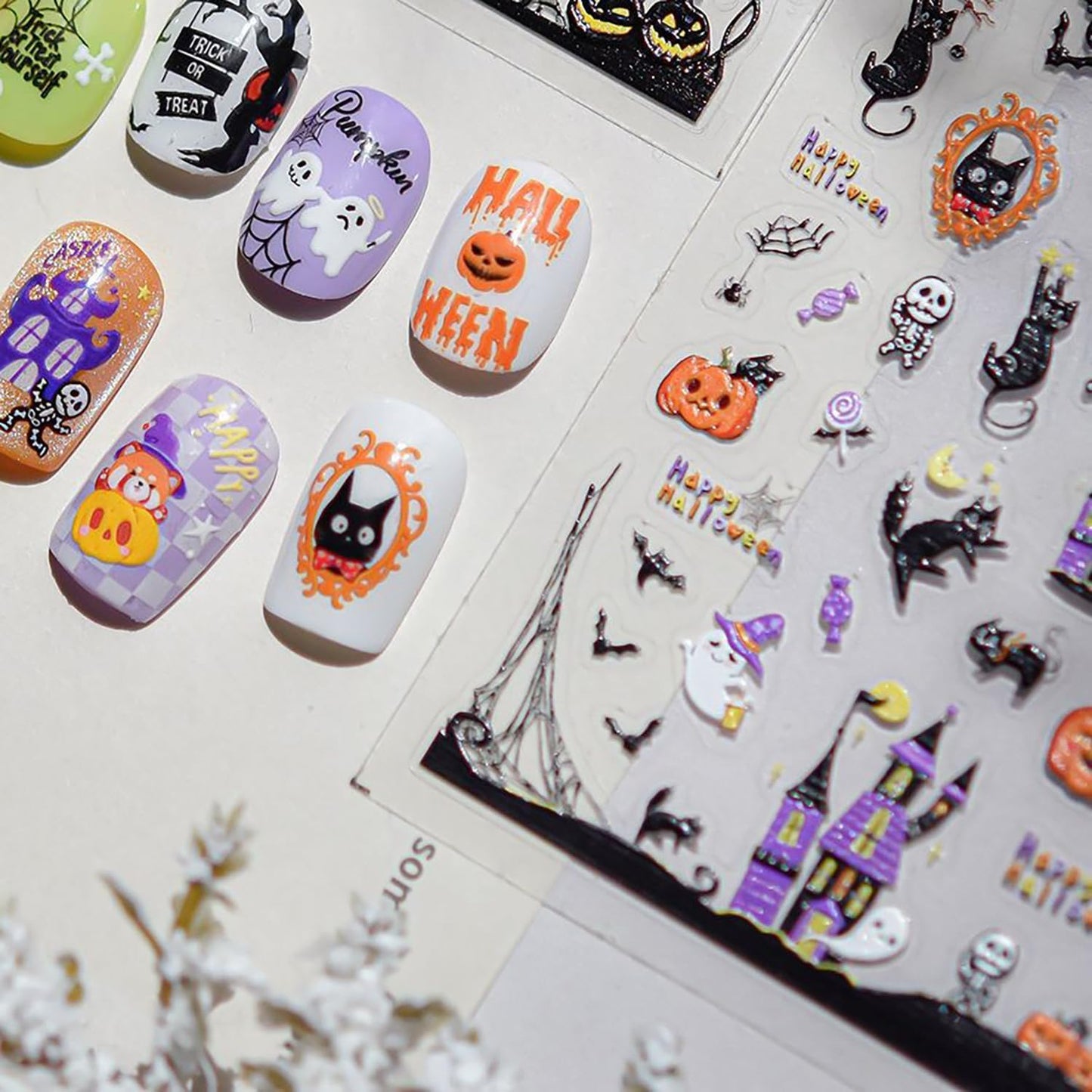 1 Sheets Embossed Halloween Nail Stickers for Nail Art Cute Pumpkin Black Cat Nail Decals Self-Adhesive Horror Ghost Skeleton Nail Art Stickers 5D Spider Web Nail Design Decals for Women