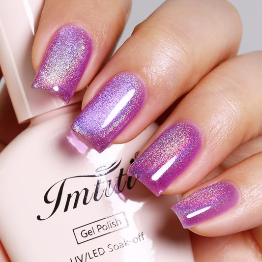 Imtiti Cat Eye Gel Nail Polish, Purple Rainbow Holographic Magnetic Gel Polish With Magnet Glittery Iridescent Galaxy Nail Gel Polish Spring Summer Gel Polish Kit Soak Off UV Led 10ML