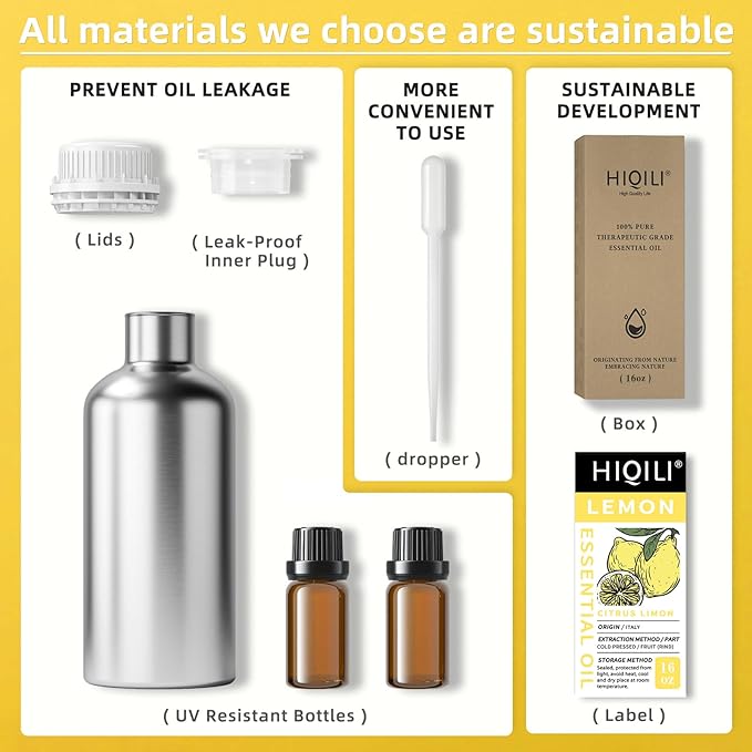 HIQILI Lemon Essential Oil for Cleaning, Degreasing & Household Use, Skin Care, Aromatherapy, Diffuser - 16 Fl Oz