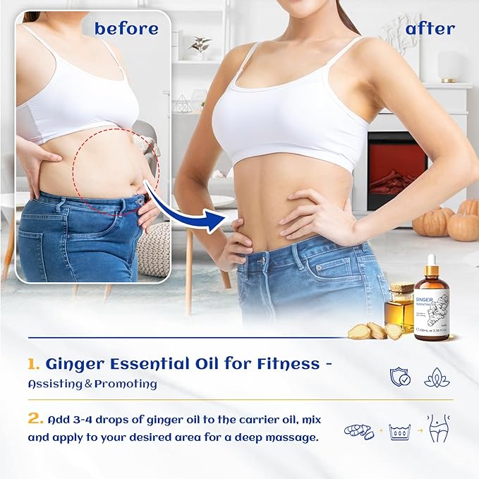 HIQILI Pure Ginger Essential Oil 3.38 Fl Oz, Pure Natural Premium Ginger Oil for Massage, Diffuser, Large Bottle with Dropper & Gift Box -100ml