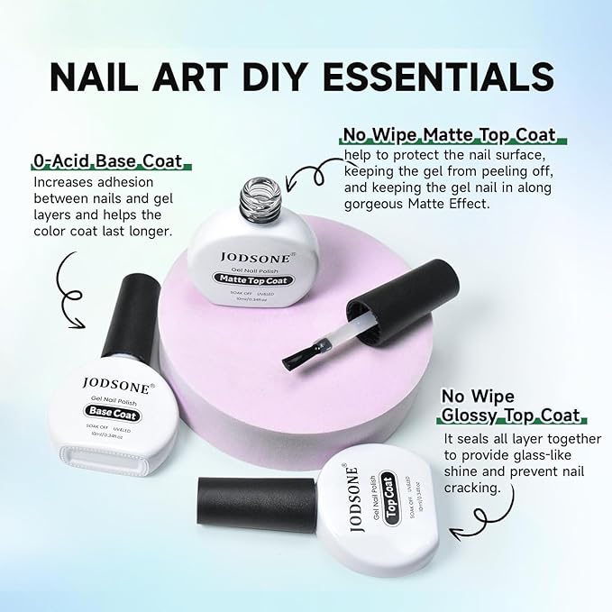 JODSONE Gel Nail Polish 20 Color Blue Red Matching Base Coat Glossy and Matte Top Coat 23 Bottles of 10ml Professional Nail Care Use