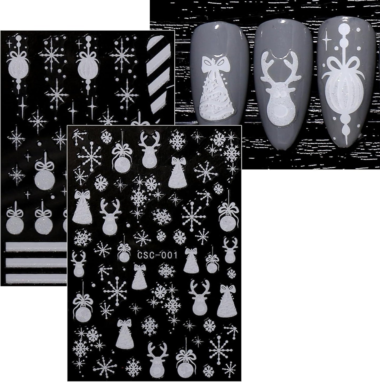 JMEOWIO 8 Sheets Christmas Glitter Nail Art Stickers Decals Self-Adhesive Cute Snowflake Winter Holiday White Nail Supplies Nail Art Design Decoration Accessories
