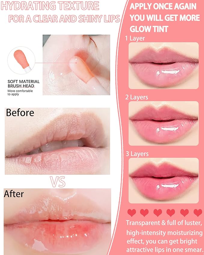 Hydrating Plumping Lip Glow Oil,Tinted Lip Gloss,Transparent Toot Lip Oil,Long Lasting Moisturizing Clear Glow Reviver Lip Oil for Lip Care Dry Lips,Women's Day Makeup Gift for Women(#001 Pink)