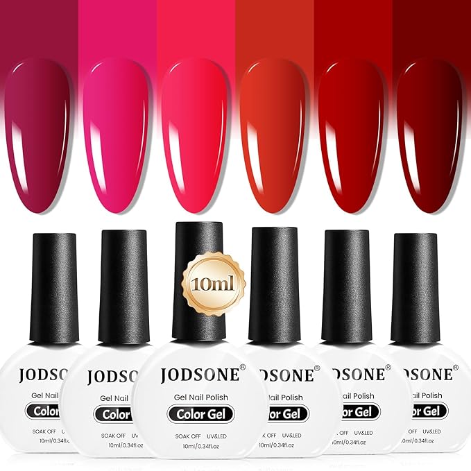 JODSONE 10ml Red Gel Nail Polish Set 6Colors Rose Red Deep All Seasons Neutral Soak off LED Lamp Gel Manicure Set for Nail Art