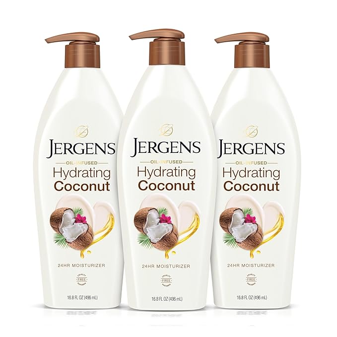 Jergens Hydrating Coconut Body Lotion, Hand and Body Moisturizer, Infused with Coconut Oil, Hydrates Dry Skin Instantly, Dermatologist Tested, 16.8 oz, Pack of 3