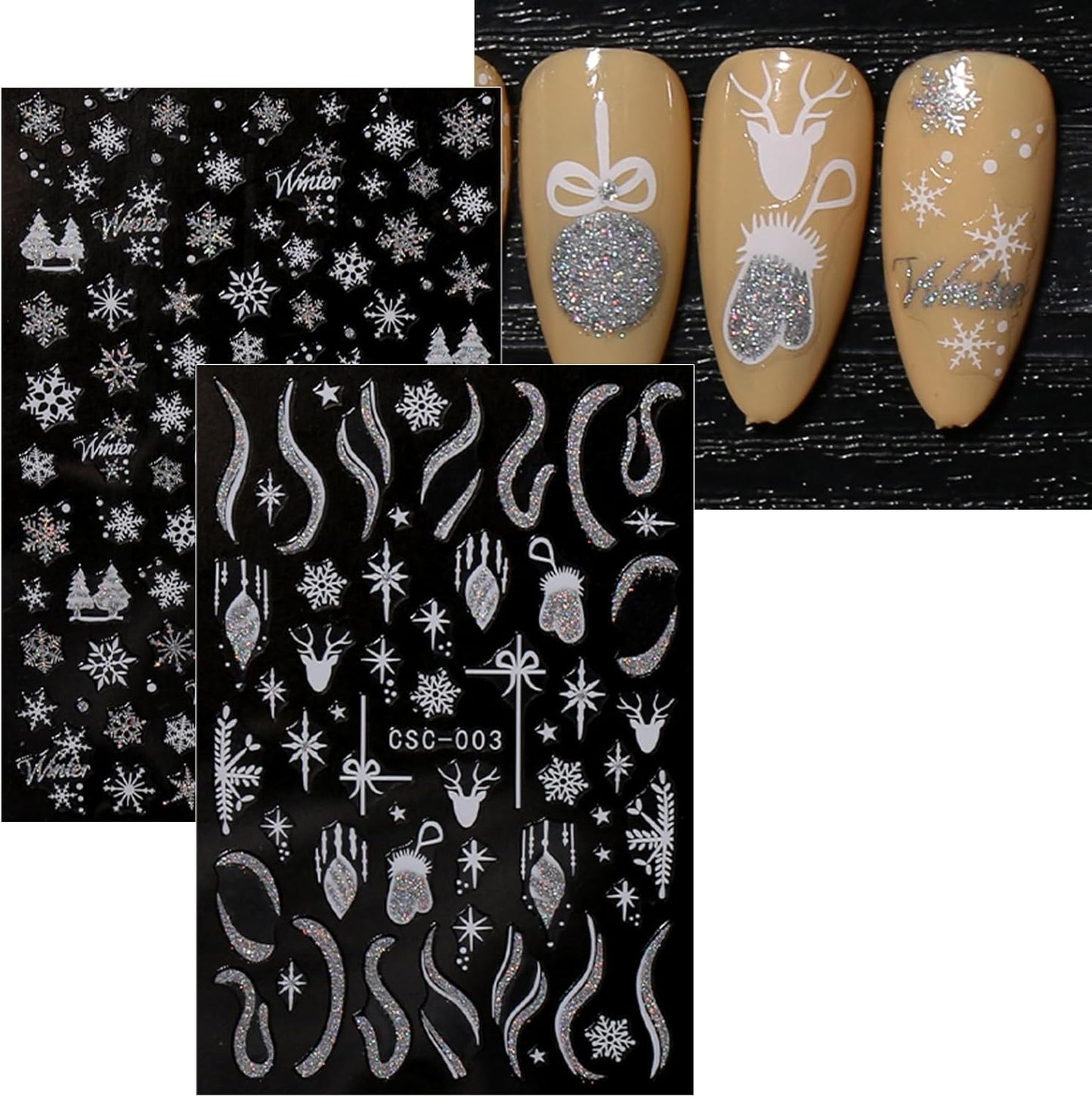 JMEOWIO 8 Sheets Christmas Glitter Nail Art Stickers Decals Self-Adhesive Snowflake Winter Holiday Cute Silver White Nail Supplies Nail Art Design Decoration Accessories