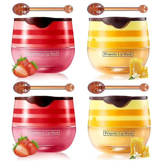 Honey Lip Balm Pot Lip Mask, Hydrating Propolis Lip Sleeping Mask, Prevent Dry&Cracked, Lip Repair Nourishes the Lip Skin (2pcs honey & 2pcs strawberry)