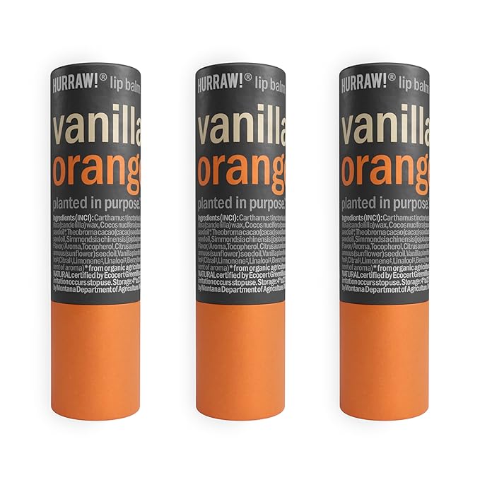 Hurraw! Vanilla & Orange Lip Balm, 3 Pack: Plastic-Free with new cardboard push-up tube. Certified Organic, All Natural Origin, Vegan & Cruelty Free. Gluten, Bee, Shea, Soy & Palm Free. Made in USA
