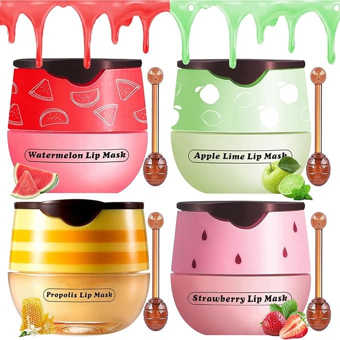 Honey Lip Balm Pot, 4 Pcs Honey & Strawberry & Apple Lime & Watermelon Lip Mask Propolis Lip Mask Moisturizing Hydrating Prevention Dry and Cracked Lip Scrubs Exfoliator