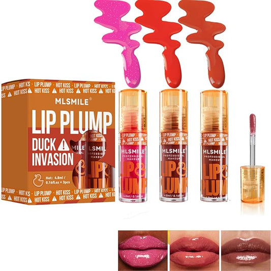 Hydrating Plumping Lip Oil Set, Natural Lip Gloss Plumper with Ginger, Transparent Moisturizing Lip Balm, Tinted Lip Plumper Gloss Make Lips Fuller, Vegan Lip Makeup (Set B, 3Pieces)