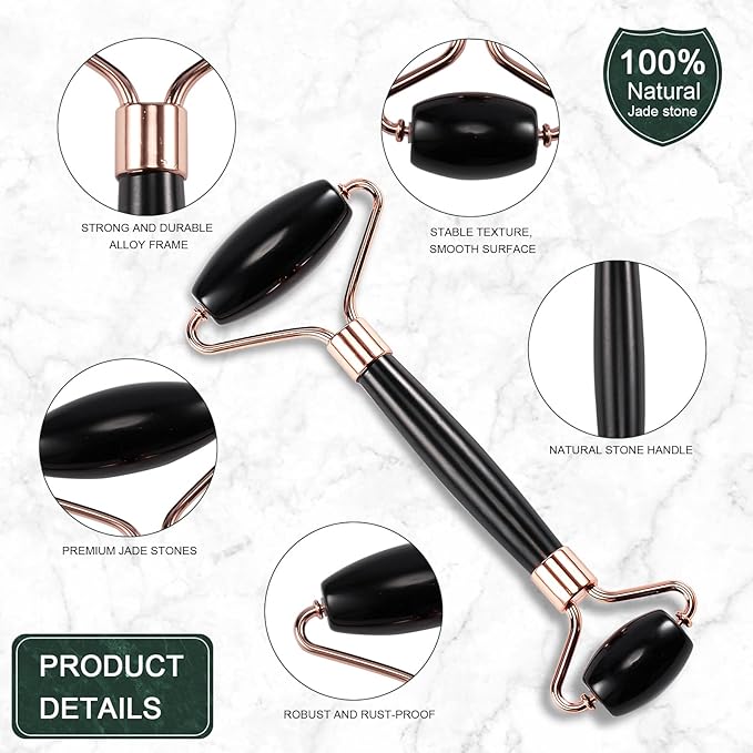 Jade Roller for Face, Facial Roller Massager Skin Care Tool, Gua Sha Facial Tools for Face, Neck, Eyes, Reduce Puffiness of The Skin (Black)