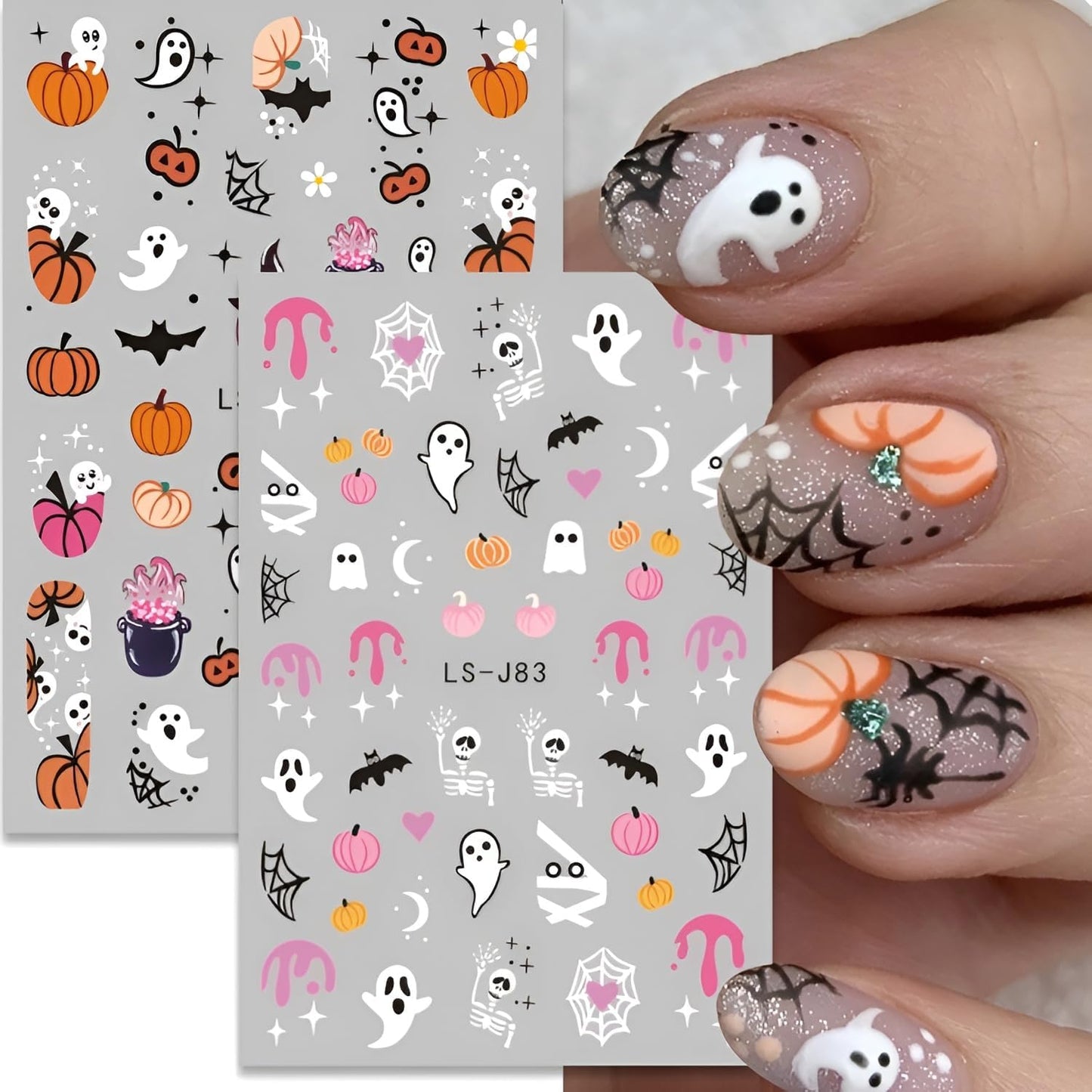 12 Sheets Halloween Nail Stickers for Nail Art 3D Self Adhesive Halloween Nail Decals Cute Ghost Nail Art Stickers Pumpkin Nail Design DIY Manicure Cat Bat Nails Supplies for Women Girls