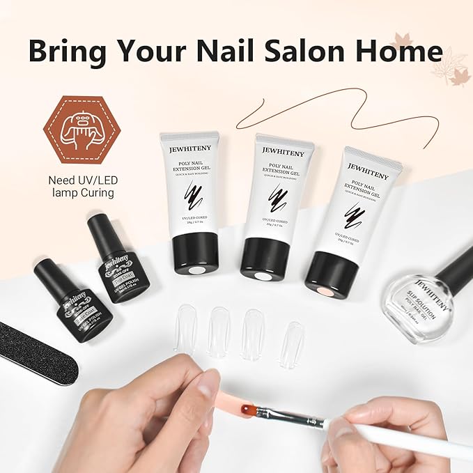 JEWHITENY Poly Extension Gel Nail Set Clear White Pink Poly Nail Gel With Slip Solution Base Coat Top Coat French Manicure for Finger Art and Home DIY Need U V Lamp Curing