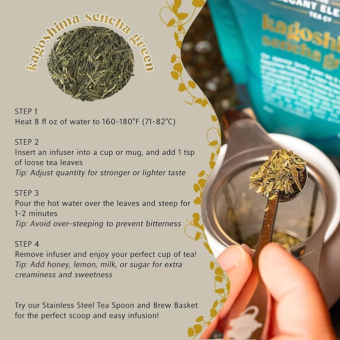 Japanese Sencha Green Tea, Organic Loose Leaf Sencha Tea – Antioxidant & Detox Support – Refreshing Hot or Iced Green Tea – 8 oz Resealable Bag (Makes 100 Cups) – The Elegant Elephant