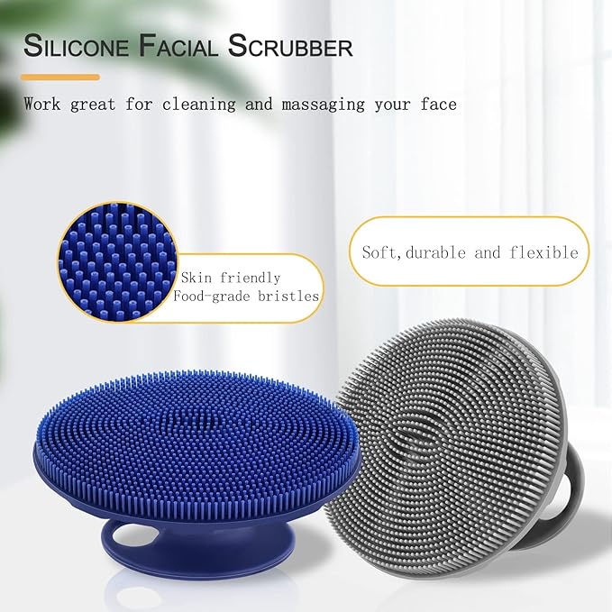 INNERNEED Silicone Face Exfoliating Brush Manual Handheld Facial Cleansing Scrubber Blackhead Remover, Food-Grade Soft Bristle (Dark Blue+Gray)