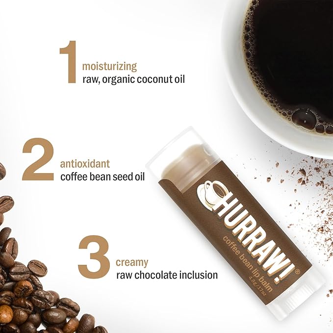 Hurraw! Coffee Bean Lip Balm, 2 Pack: Organic, Certified Vegan, Cruelty and Gluten Free. Non-GMO, 100% Natural Ingredients. Bee, Shea, Soy and Palm Free. Made in USA