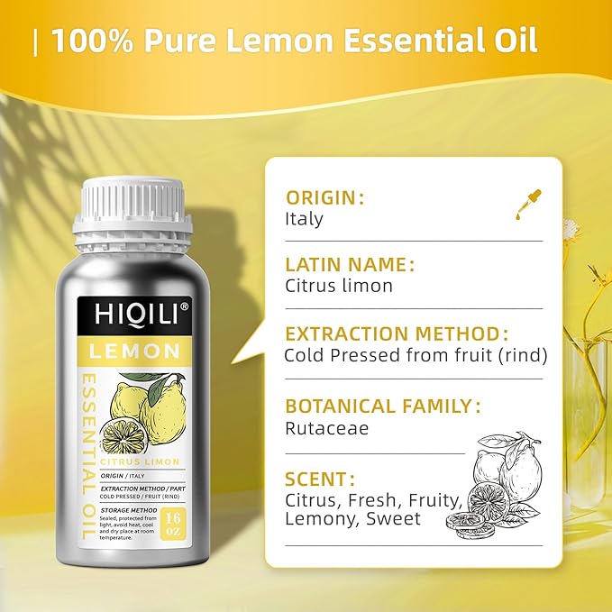 HIQILI Lemon Essential Oil for Cleaning, Degreasing & Household Use, Skin Care, Aromatherapy, Diffuser - 16 Fl Oz