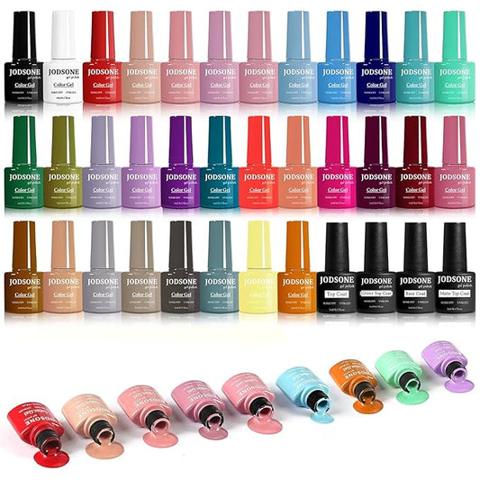 JODSONE 32 Colors Gel Nail Polish Set Same Color Same Bottle No Wipe Base Top Matte Glitter Coat Professional Choice
