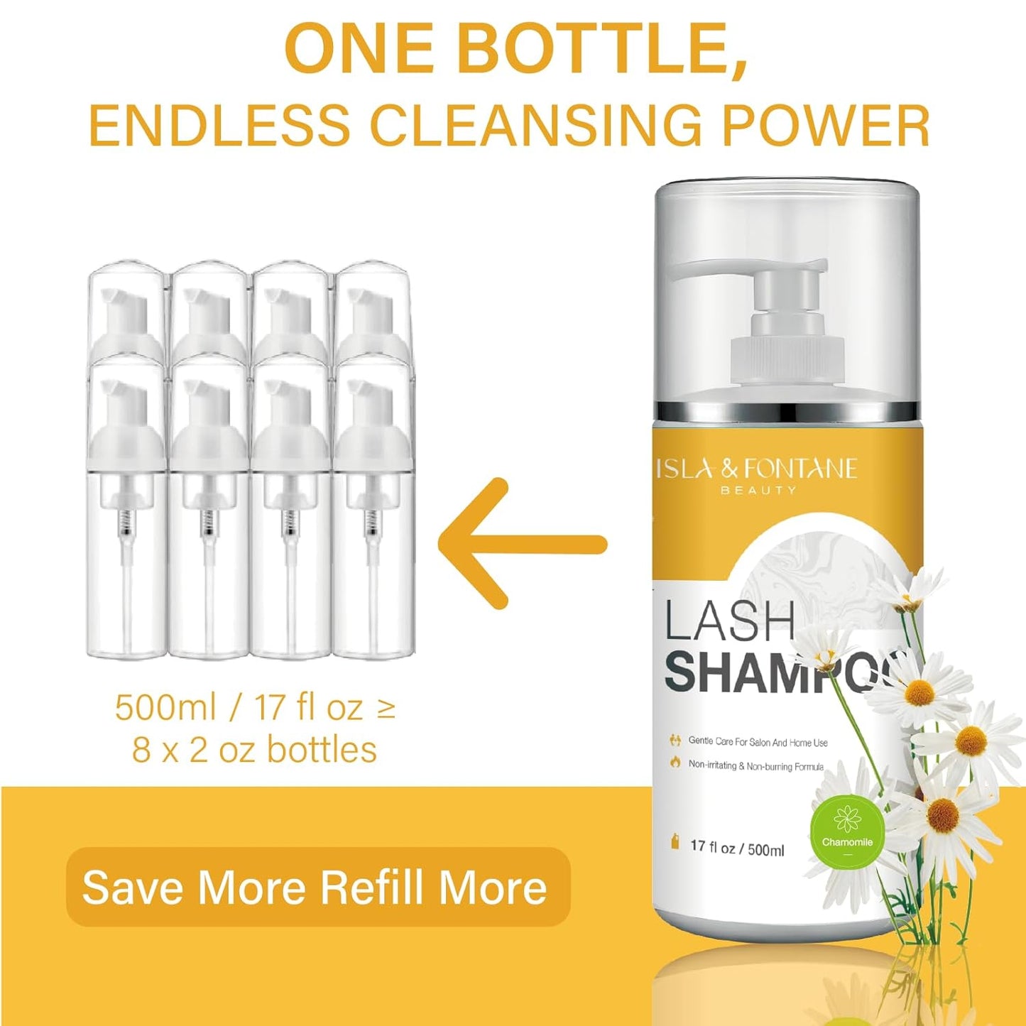 Isla & Fontane Lash Shampoo Bulk – Multi-Scent Series – 17 fl oz / 500ml | Gentle Eyelash Cleanser for Lash Extensions | Non-Irritating | Professional Lash Bath Foam For Salon And Home Use (Chamomile)