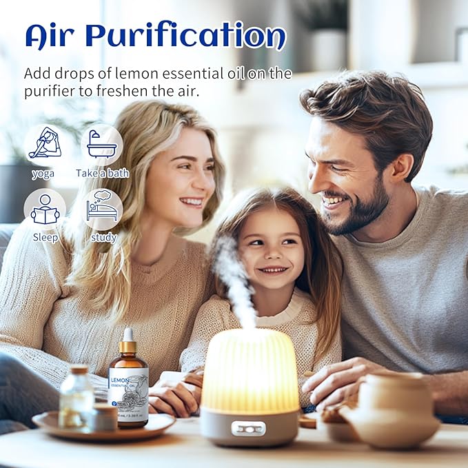 HIQILI Lemon Essential Oil, Household Cleaning, Air Purification, Skin Care, Can be Added to Cleansers, Sprays, Body Lotions Use - 3.38 Fl Oz/100ML