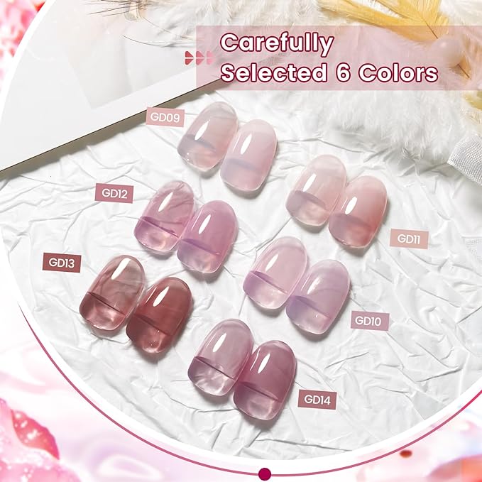 JODSONE 6PCS Jelly Gel Nail Polish Set 6Colors 10ml Long Lasting Neutral Nude Pink Pale Purple Jelly Gel Polish Art for Nail and Salon Need U V Lamp