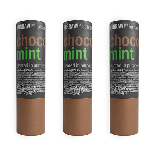 Hurraw! Chocolate & Mint Lip Balm, 3 Pack: Plastic-Free with new cardboard push-up tube. Certified Organic, All Natural Origin, Vegan & Cruelty Free. Gluten, Bee, Shea, Soy & Palm Free. Made in USA