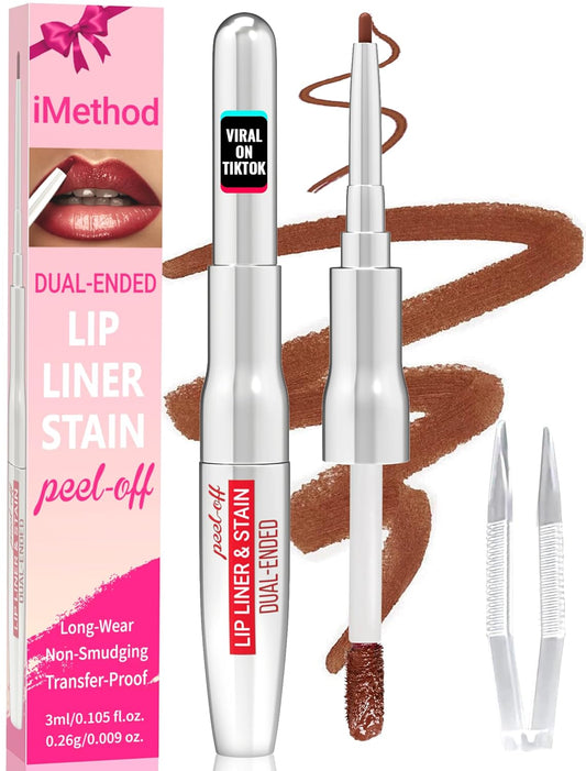 iMethod Lip Liner Stain - Lip Stain, 2-In-1 Dual-Ended Peel Off Lip Stain with Tweezer, Natural Long Lasting Peel Off Lip Liner, Easy to Use for All Skin Types, Stay All Day, Coffee