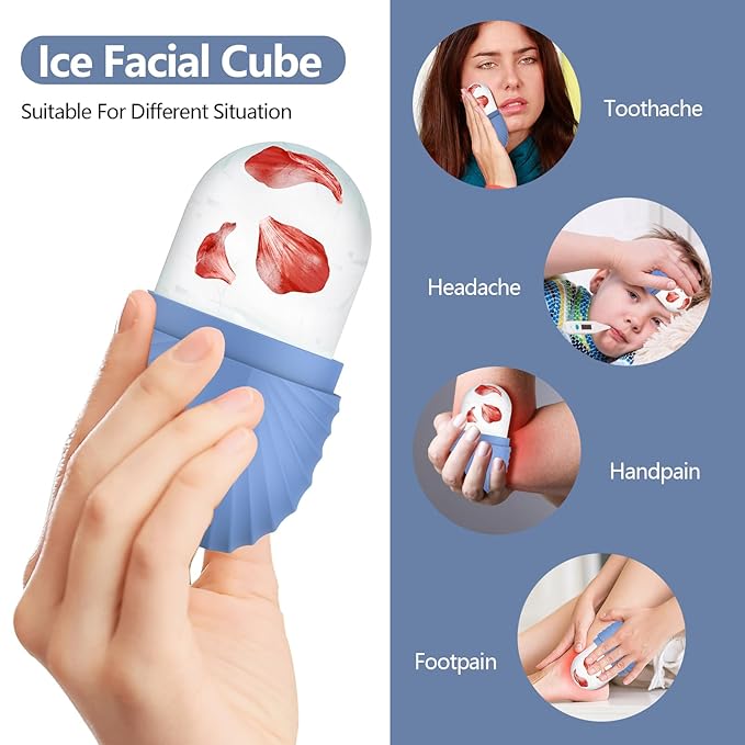 Ice Roller for Face and Eye, Silicone Ice Facial Roller Ice Holder, Face Ice Mold Skin Care, Face Icers Reusable Ice Cube Roller for Shrink Pores Anti Wrinkle Reduce Puffiness, Blue